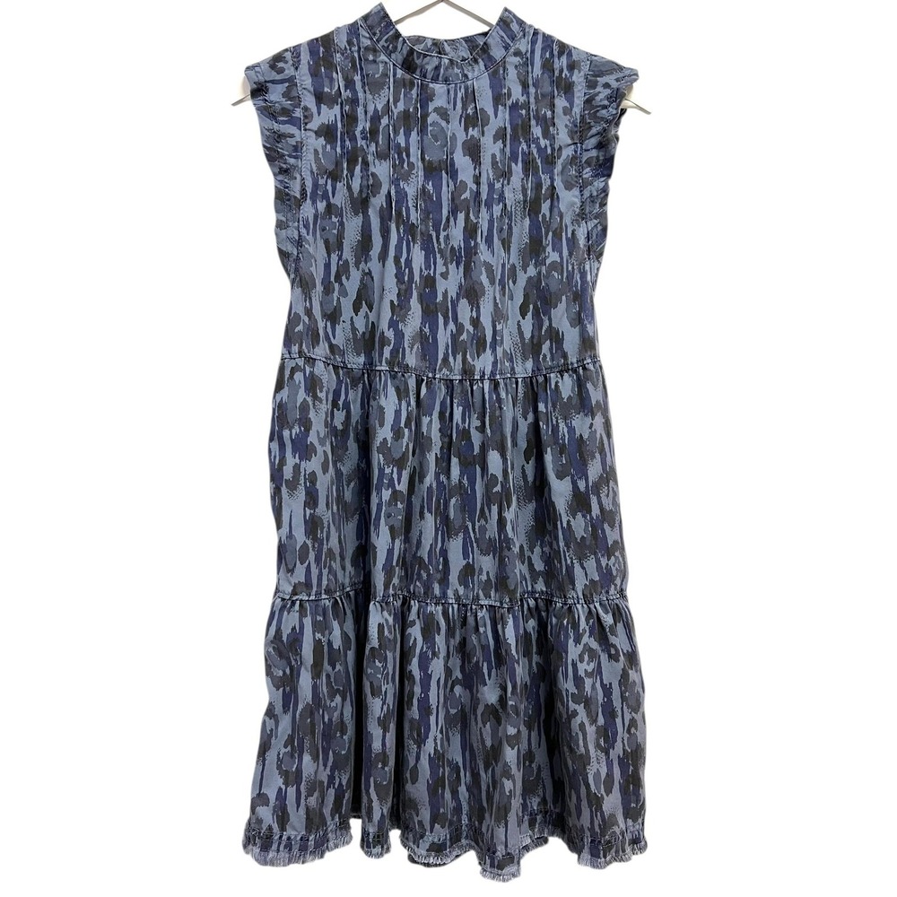 Anthropologie Dress Womens XS Blue Animal Print Tiered High Neck Trapeze Swing
